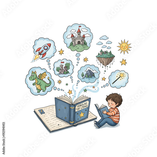 A young boy reading a POPULAR CITLES book with imaginative thoughts of fantasy worlds and adventures