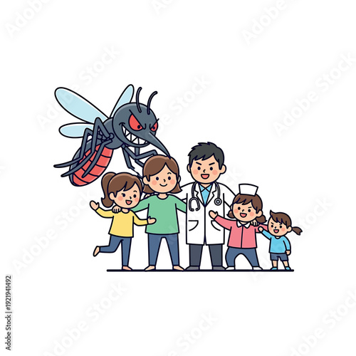Doctor and children standing together facing a giant mosquito