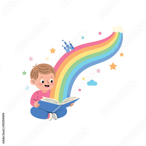 Young boy reading book with rainbow imagination unfolding above him, surrounded by colorful stars and clouds