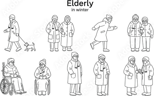 Elderly people in winter illustration set, senior men and women wearing coats walking standing and sitting collection