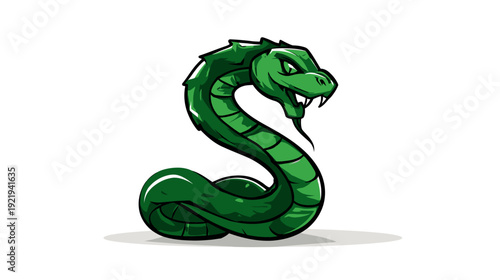 A stylized illustration of a green snake in a curved S-shape, with detailed scales and a fierce gaze