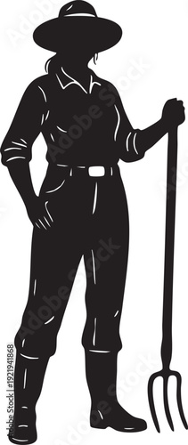 A woman female gardener or farmer holding a gardening tool 