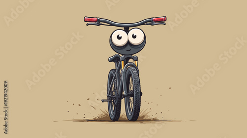 A cartoon creature with large eyes riding a mountain bike, dust trails behind, on beige ground