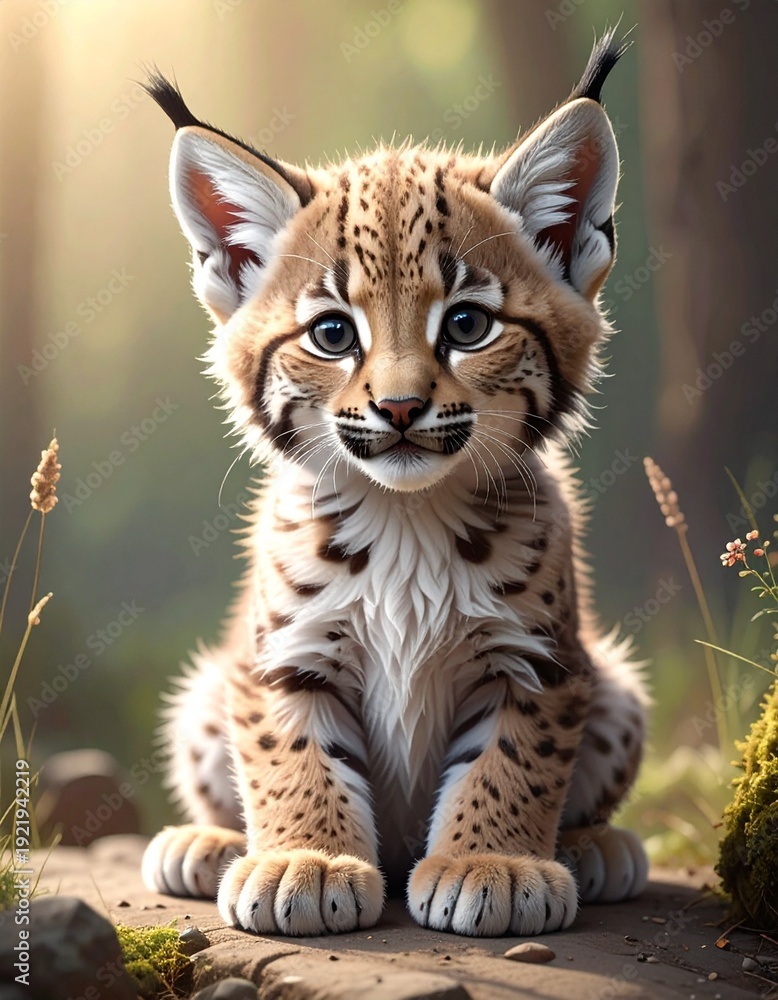 Fototapeta premium Winziger Luchswelpe mit Ohrpinseln