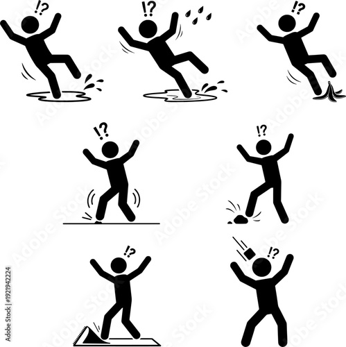 Slipping, Tripping, and Falling Accident Stickman Icon Set