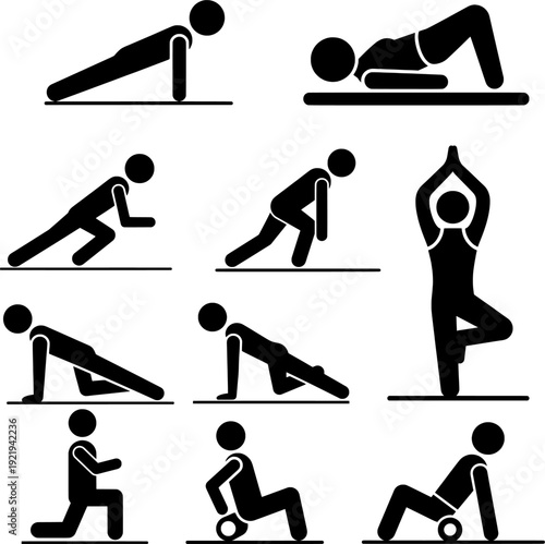 Stickman Bodyweight Exercises and Yoga Poses Icon Set