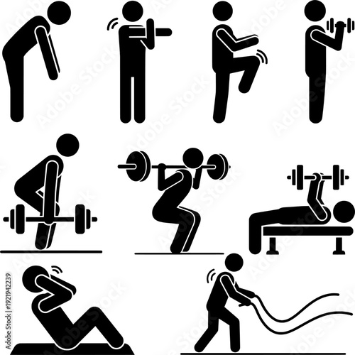 Weightlifting and Strength Training Stickman Icon Set