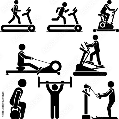 Fitness and Gym Exercise Equipment Stickman Icon Set