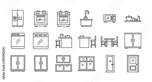 Collection of hand drawn kitchen appliances and furniture icons.