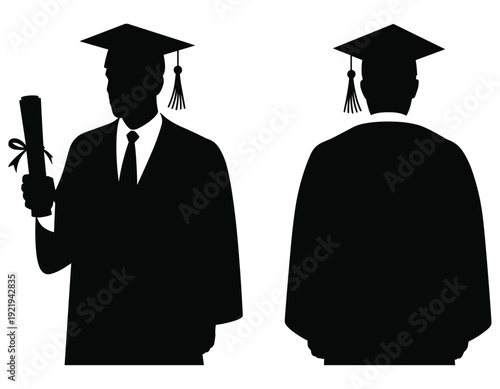 Graduate student silhouette with diploma and cap, university graduation ceremony vector illustration front and back view
