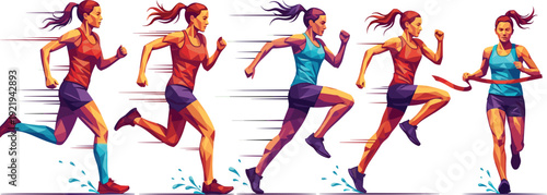 Female runner sequence illustration, athletic woman sprinting and breaking finish line ribbon, dynamic sports vector action set