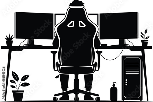Home office gaming setup silhouette vector illustration, dual monitor workstation with computer desk and chair