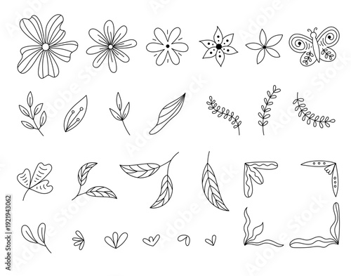 Floral doodle elements vector set. Line flowers, leaves, plants and botanical border corners. Cute black hand drawn design objects collection isolated on white background
