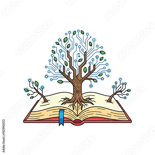 An illustration of a tree grows out of an open book with circuit board branches.