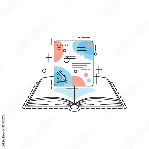An open book with a digital interface emerging from its pages, blending traditional and modern learning methods in a simple illustration.