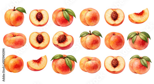 A charming watercolor collection of peaches, including whole fuzzy peaches, halved peaches with visible pits, juicy sliced wedges, soft green leaves, and warm coral-to-golden gradients.
