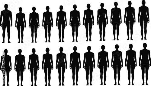 Human body silhouette set, male and female figure variations in different shapes, anatomy proportion reference vector collection