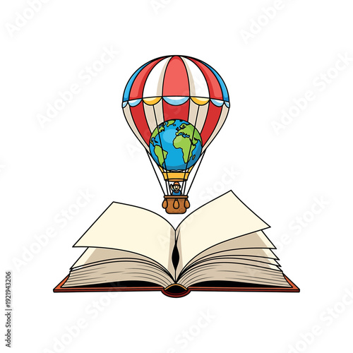 Illustration of a hot air balloon rises from an open book with the earth inside.