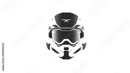A grayscale illustration of a futuristic helmet with integrated goggles and a complex, angular design