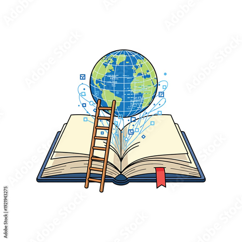 An open book with a ladder reaching to a globe emerging from its pages, symbolizing global knowledge and education.