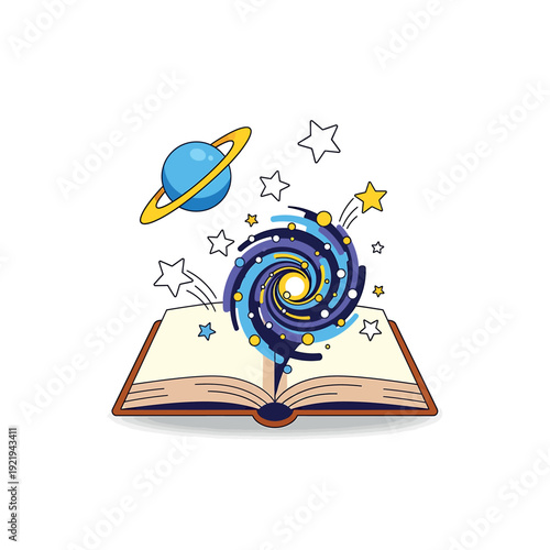 An open book emits a swirling galaxy with stars and a planet into space.