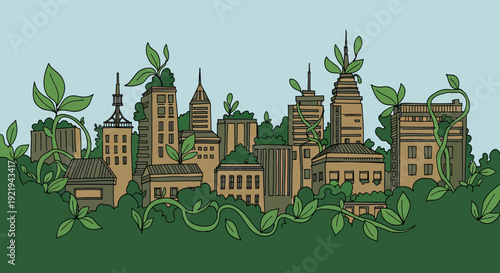 Hand drawn illustration of city skyline with tall buildings covered in green plants and vines