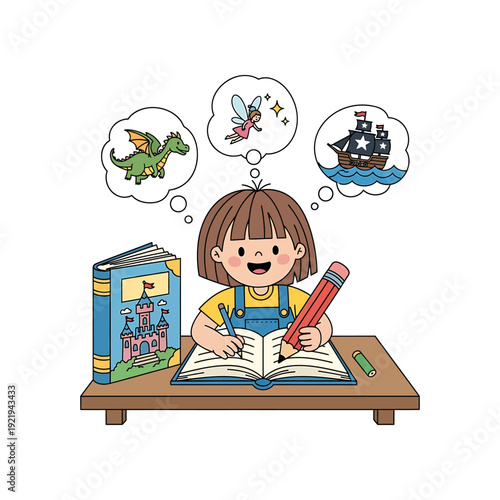 Young girl imagining fantasy creatures while reading a book at a wooden desk with a pencil.