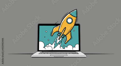 Hand drawn sketch of rocket ship launching out of laptop screen representing startup and digital success