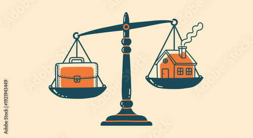 Balance scale weighing briefcase against house representing work life balance and priority concept