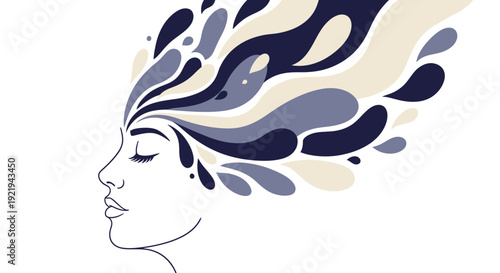 Profile of woman face with abstract fluid shapes flowing from head representing creativity and mindfulness