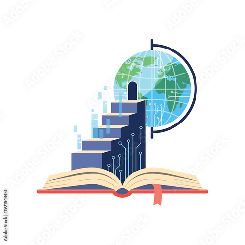 An open book with stairs leading to a futuristic globe, symbolizing global knowledge and education.