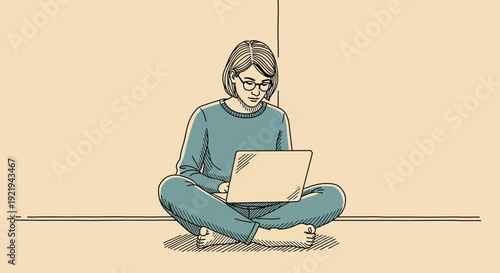 Illustration of young woman sitting on floor working on laptop computer for remote work