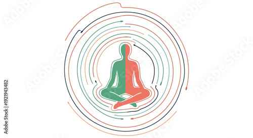 Silhouette of person meditating in lotus pose surrounded by energy circles for wellness
