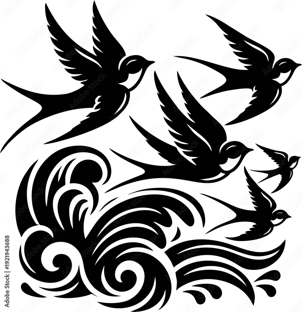 Fototapeta premium Classic Sailor Birds Tattoo V...