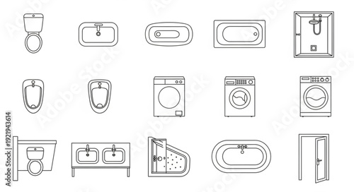 Collection of bathroom fixture line drawings top view.