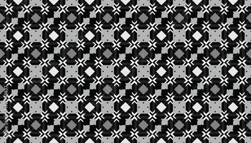 Modern black and white geometric mosaic pattern, seamless abstract background with cross and diamond shapes