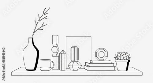 Minimalist Line Art Shelf Decor with Vase and Plant.