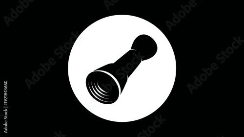 A black and white illustration of a monocular inside of a white circle on a black background