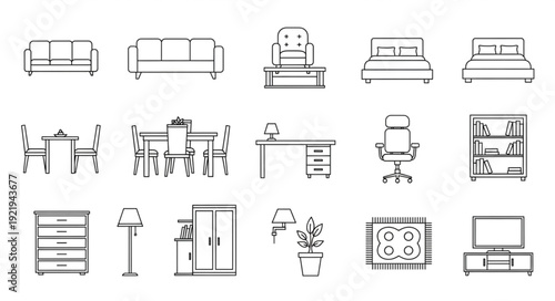 Collection of hand drawn furniture sketches for interior design.