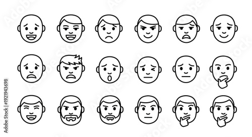 Collection of Diverse Human Face Emoticons Expressing Various Emotions.