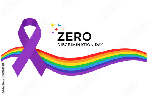 Zero Discrimination Day Awareness Illustration with Purple Ribbon, Rainbow Wave and Butterflies Promoting Equality, Diversity, Inclusion and Global Human Rights Campaign