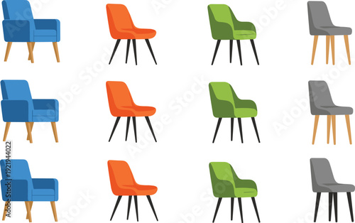 Modern armchair collection set, colorful upholstered lounge and accent chairs with wooden legs vector illustration isolated on white background