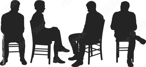 Men sitting on chairs silhouette collection, different seated poses black vector illustration isolated on white