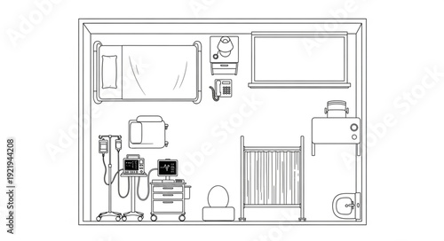 Medical room with equipment, bed, and various instruments for patient care.