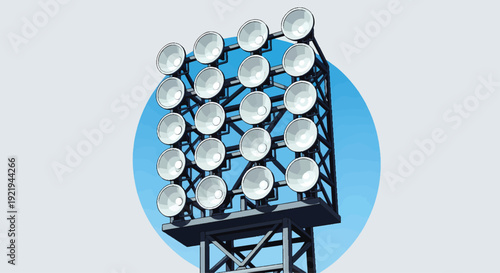 Large stadium floodlight tower with multiple powerful lamps.