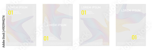 Modern abstract minimalist poster designs featuring vibrant multicolored halftone dot waves and artistic flowing patterns on a clean light grey backdrop for creative digital layouts.