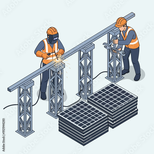 Two construction workers assembling metal scaffolding structure.