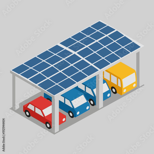 Isometric illustration of solar panel carport with electric vehicles.