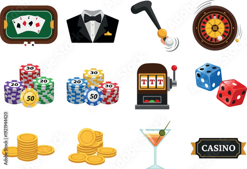Collection of casino-themed icons representing gaming and entertainment elements in a digital illustration, viewed from a straightforward perspective.