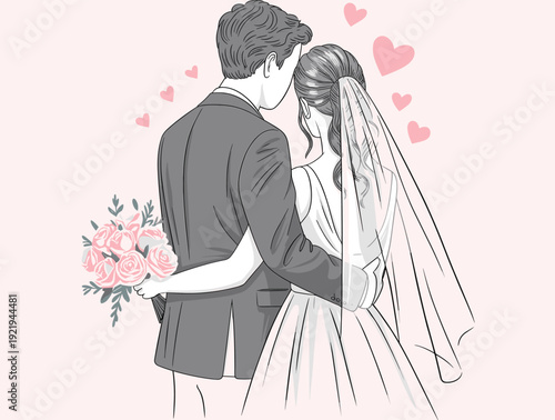 Romantic wedding couple embrace illustration, bride and groom holding bouquet with hearts background love celebration artwork